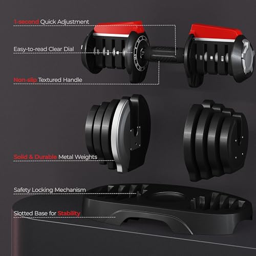 Yaheetech Adjustable Dumbbell Set 28/40/52.5/90LBS Adjustable Dumbbells Fast Adjust Dumbbell Weight Set with Anti-Slip Handle and Tray for Men/Women Home Gym Strength Training Equipment Single/Pair