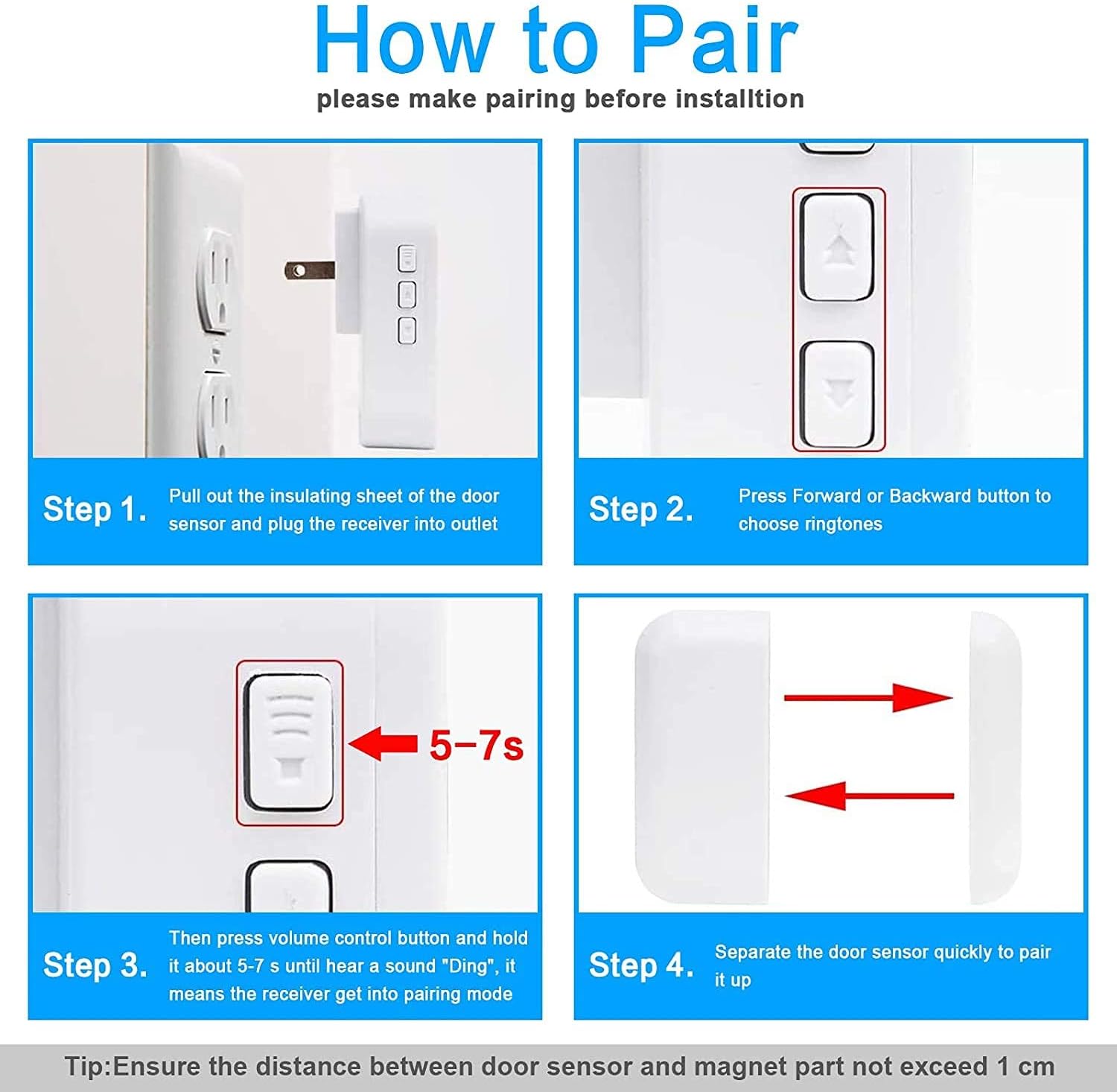 Door Alarm with Chime Adjustable Volume Sanjie Wireless Door Chime When Door Opens for Home/Business With 1000 ft Long Range 55 Melodies, 5 AlarmsSensor+2 Plug-in Receiver,White Pack of 2