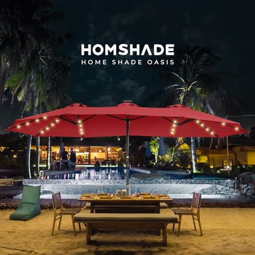Double Sided Patio Umbrellas - 15ft Solar Lights LED Lighted Outdoor Extra Large Market Table Umbrella with Base Included, Oversized Umbrella for Deck, Pool, Backyard