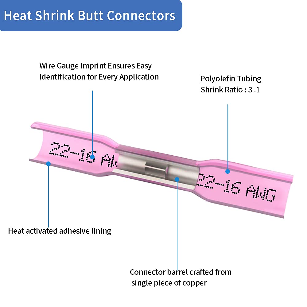 1000 Pcs Blue Heat Shrink Butt Connectors, 16-14 AWG Waterproof Electrical Crimp Wire Splice for Marine, Cable, Wiring