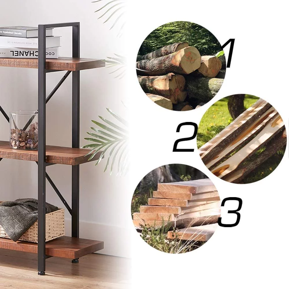 sell well 4 Tier Natural Real Wood Bookshelf  4 Shelf Rustic Solid Wooden and Metal Bookcase  Farmhouse Open Vintage Industrial Etagere Book Shelf for Office Living Room Bedroom Storage