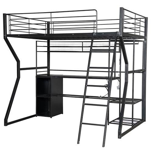 Bellemave Full Size Loft Bed with L-Shaped Desk, Full Metal Loft Bed with 6 Storage Shelves, LED Light, Charging Station, Loft Beds with Open Wardrobe, No Box Spring Needed Black