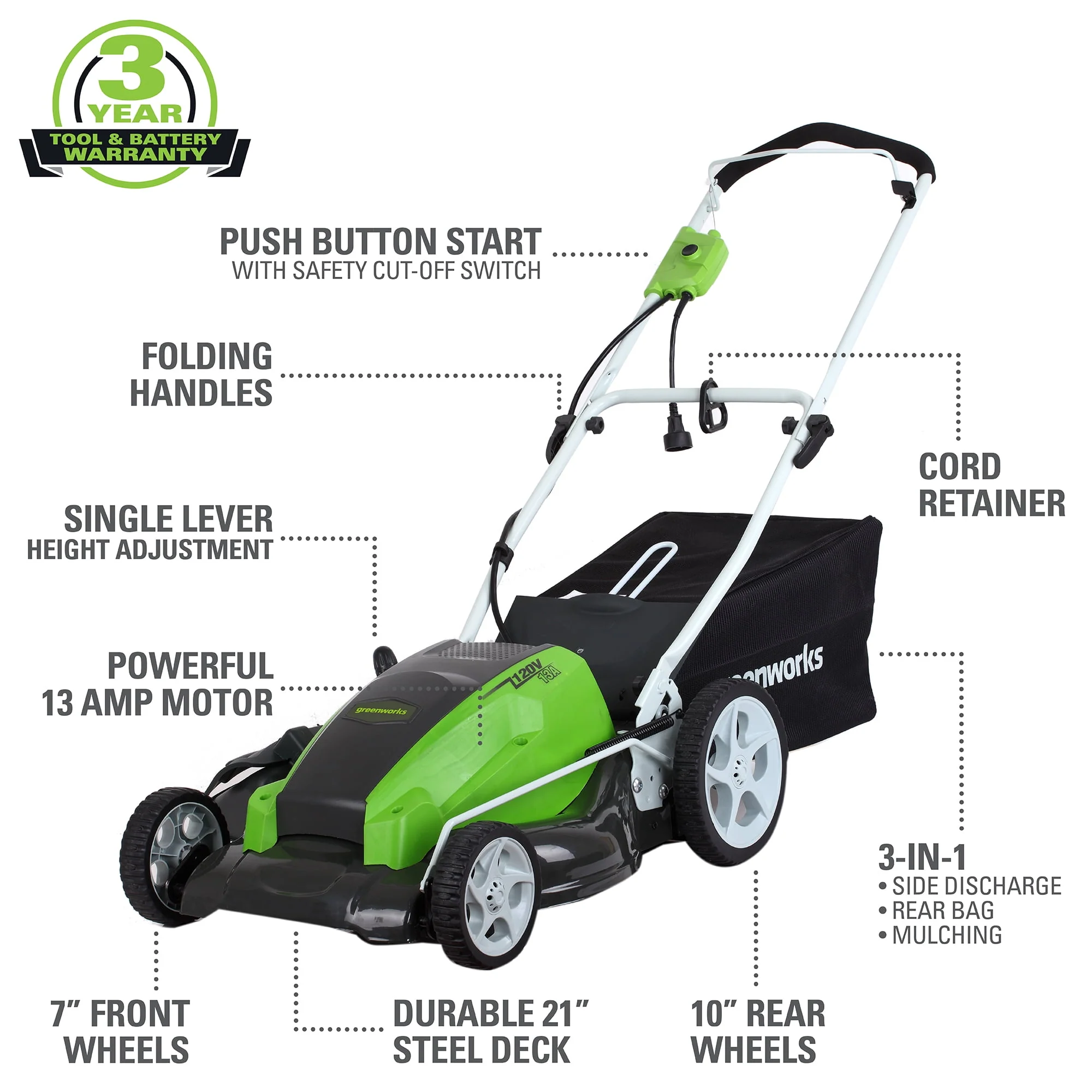 Greenworks 13 Amp 21 Corded Electric Walk-Behind Push Lawn Mower 25112