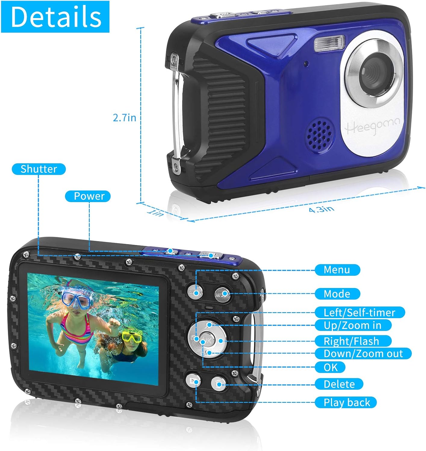 Waterproof Digital Camera for Kids,HD 1080P 16 FT Underwater Camera 2.8 LCD 16MP Kids Video Camcorder with Rechargeable Battery,Point and Shoot Camera for Teenagers Students Gifts