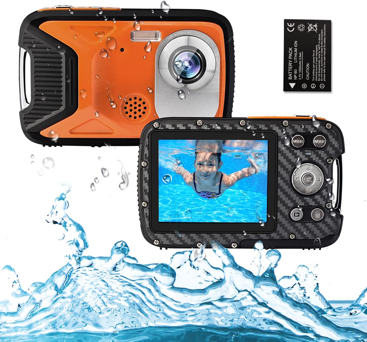 ISHARE Waterproof Camera Underwater 21MP 1080P Waterproof Digital Camera with Flash 2.8 Inch LCD, 16FT Point and Shoot Camera Underwater Cameras for Snorkeling for Teens Kids (Orange) Pack of 2
