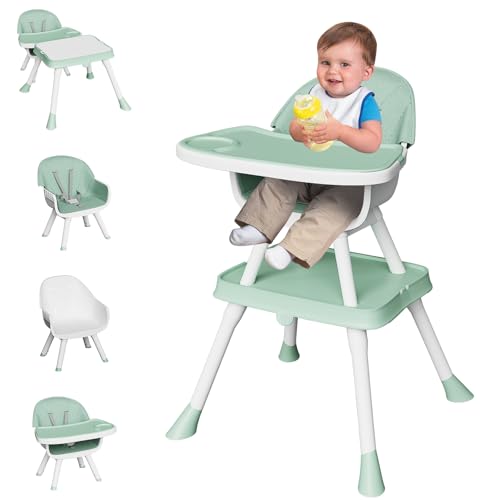 8 in 1 Baby High Chair,Convertible Highchair for Babies and Toddlers with Double Removable Dishwasher Tray,Safety Harness and Detachable PU Cushion,Grows with Baby