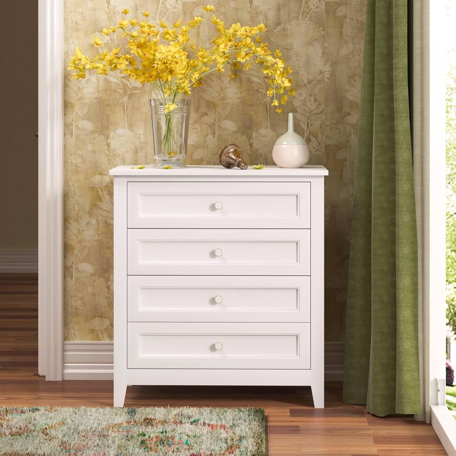 Drawer Dresser Bar, Solid Wood Spray-Painted Cabinet Lockers Buffet Server Console Table Lockers, Retro Round Handle, Applicable to The Dining Room, Living Room, Kitchen Corridor, White