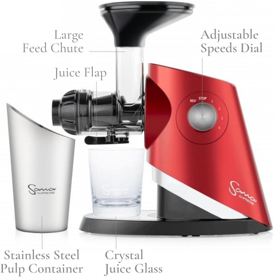 Sana 727 Supreme Cold Press Masticating Juicer | Large Batch | Non-Stop Juicing | 4 Speed Brushless DC Motor | 45-120 RPM’s | Easy clean 132 Page Recipe Book | 15 Year Warranty | Red
