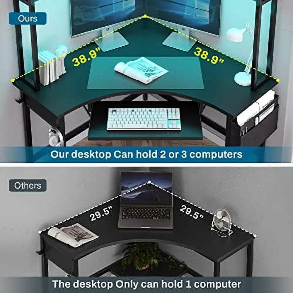 HOOMHIBIU Corner Desk  Small Computer Desk with Hutch &amp; LED Lights  Triangle Corner Computer Desk with Keyboard Tray   Bag  and Headphone Hook for Small Space  Small Office Desk  Rust