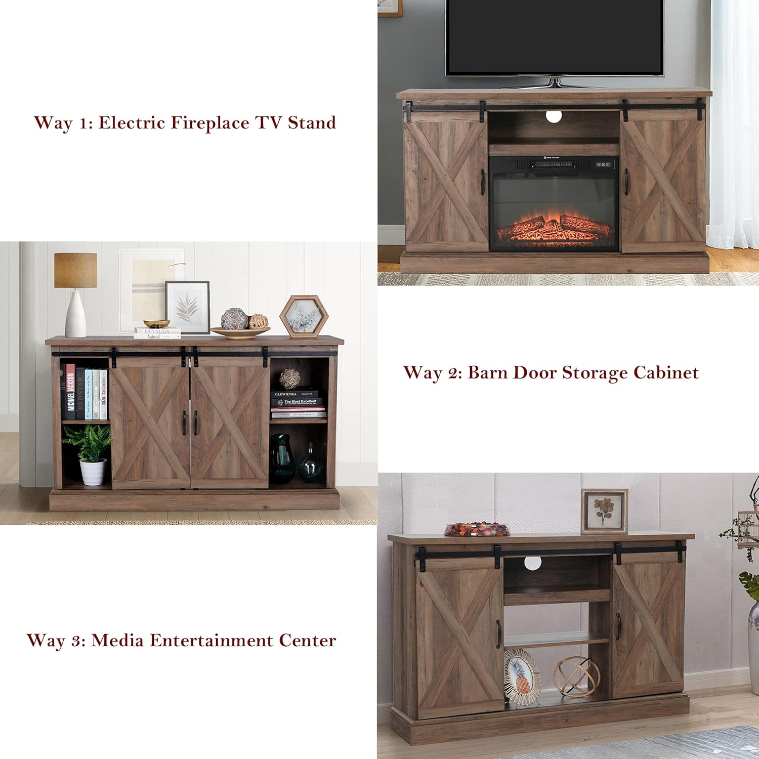 Sophia & William Farmhouse Electric Fireplace TV Stand for TV's Up to 65, Accent Decorative Barn Door Storage Cabinet Chest with 23 Insert Fireplace for Living Room Bedroom Home Office, Burlywood