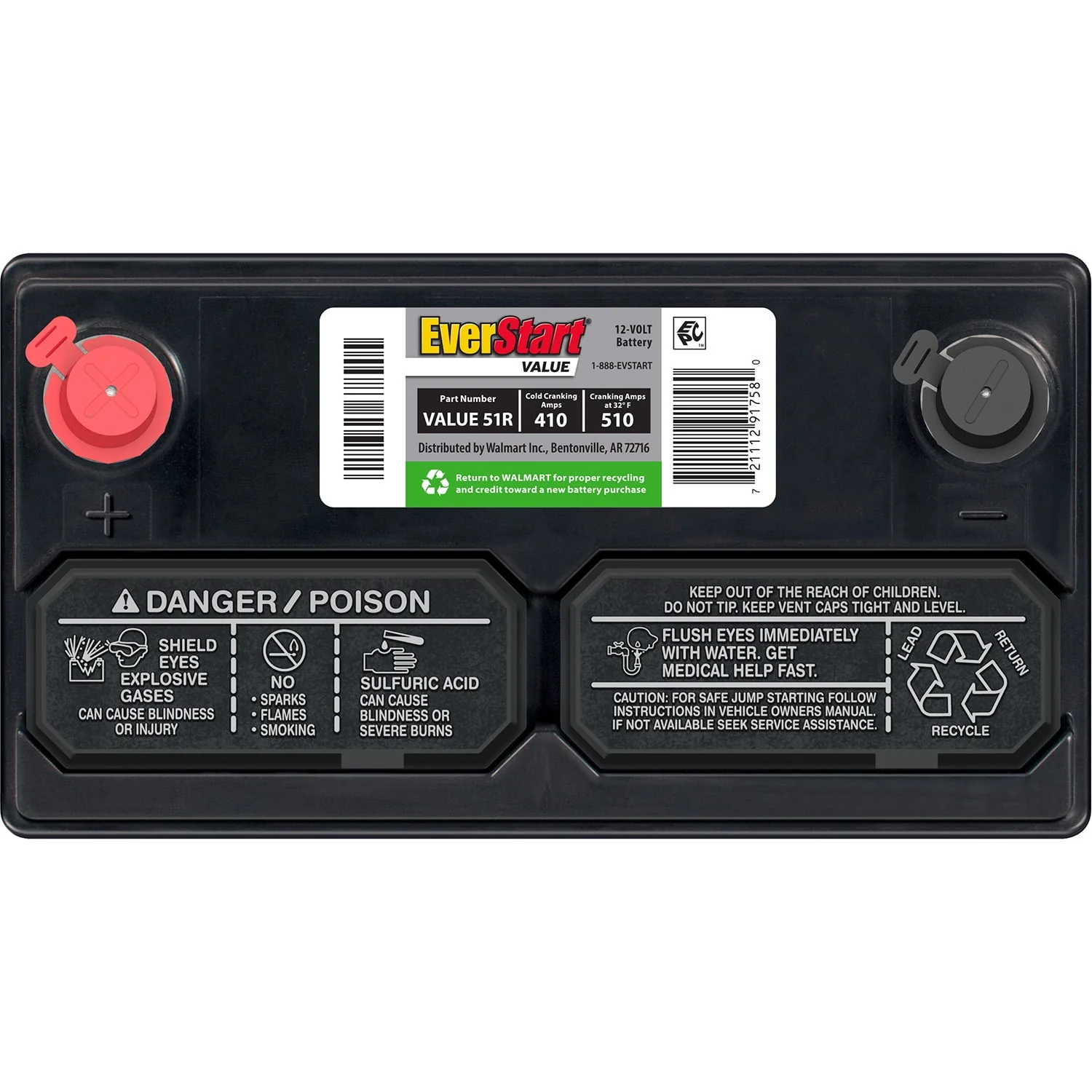 EverStart Value Lead Acid Automotive Battery, Group Size 51R 12 Volt, 410 CCA
