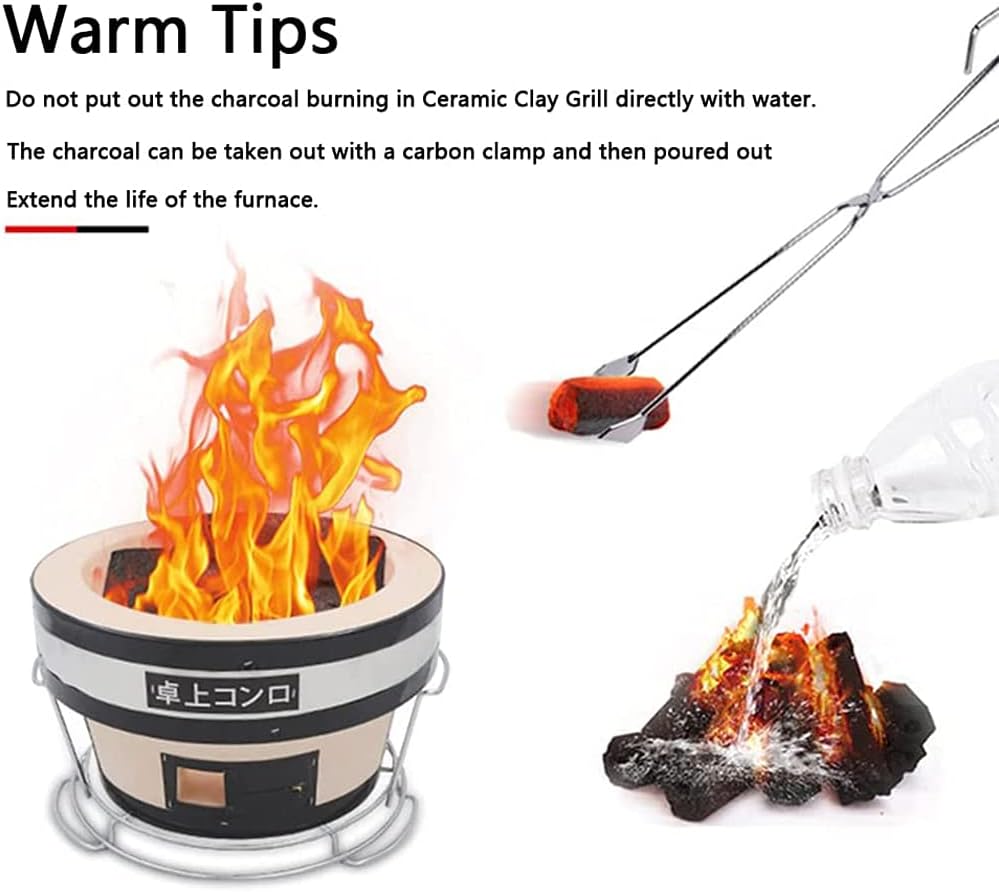 Japanese Ceramic Clay BBQ Hibachi Grill, Round Table Top Charcoal Barbecue Portable Yakitori Charcoal Stove with Tongs for Indoor Outdoor