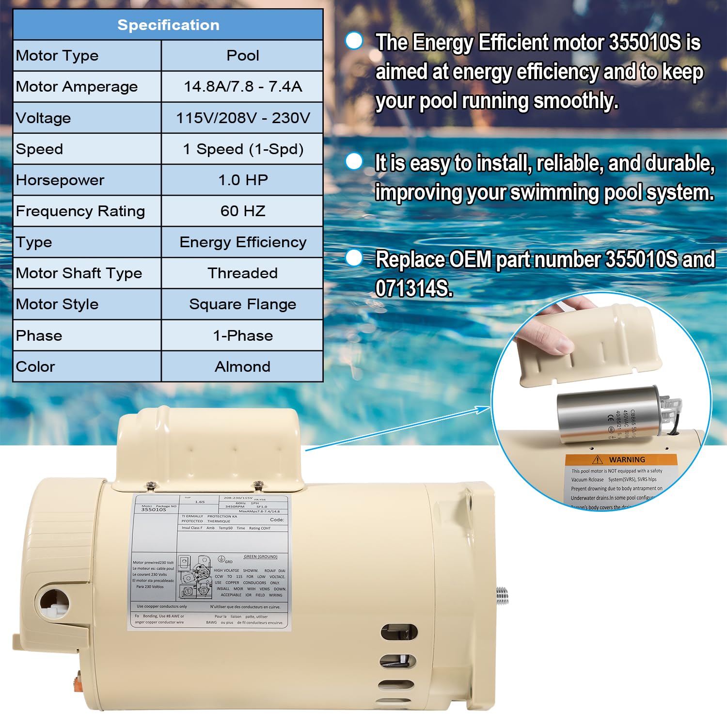 355010S Pool Pump Motor Energy Efficient Pool Pump Replacement Motor Parts for WhisperFlo High Performance Pool Pumps WFE-4 & WFE-26, 1 HP, 115/208-230 Volts, 1 Speed, SF/WF, Square Flange Pool Motor