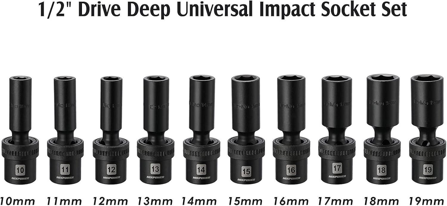 MIXPOWER 10-piece 3/8" Drive Shallow Universal Impact Socket Set, Metric,10-19mm, Swivel Socket with Flexible Wobble, CR-MO