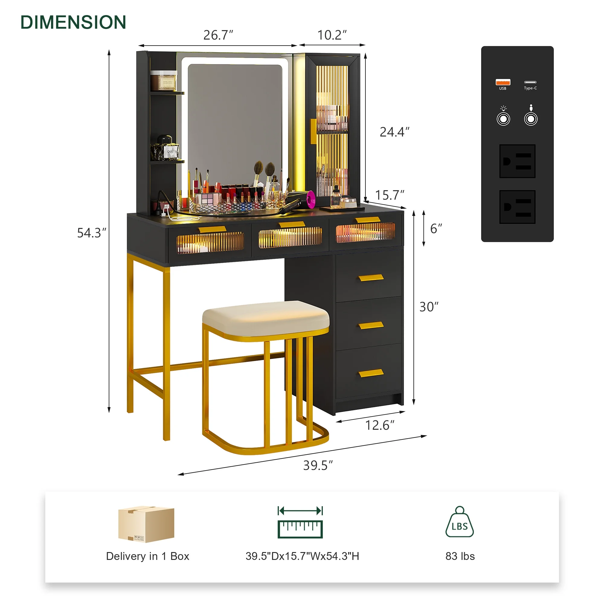 HNEBC Makeup Vanity with Lights, Vanity Table Set with LED Mirror, Vanitys with 6 Drawers/Stool, Vanity Makeup Desk with Charging Station, With Senser Mode Dressing Table as Gifts for Women