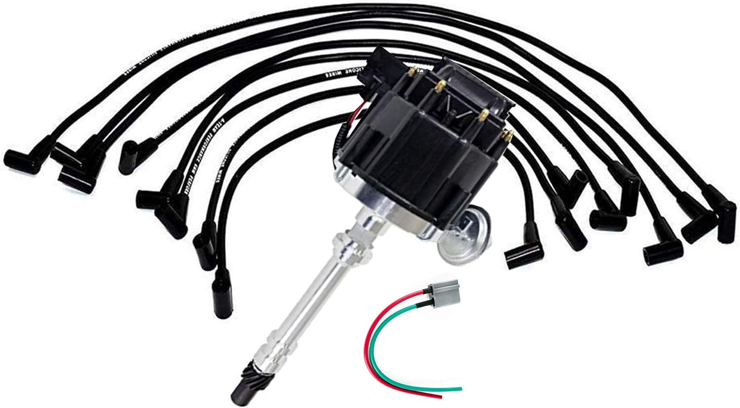A-Team Performance - HEI Distributor Black Cap with Spark Plug Wires Set Pigtail Harness Complete Kit - Compatible with Chevrolet GM GMC SBC Small Block Chevy 262 265 267 283 302 305 307 327 383 400