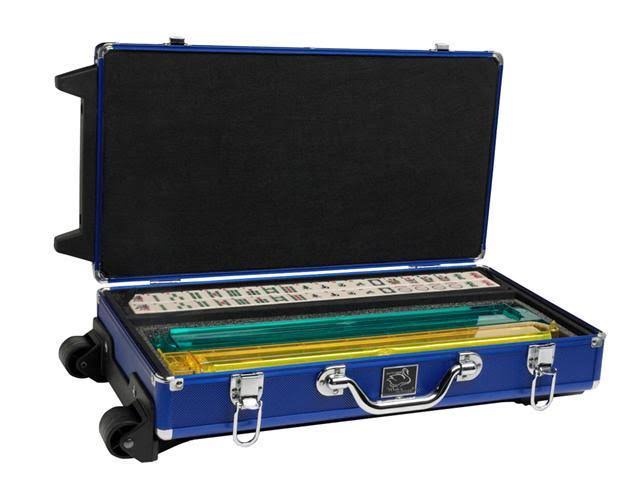 White Swan mAh Jongg - Ivory Tiles - Modern Pusher Arms - Wheeled Aluminum Case - Blue