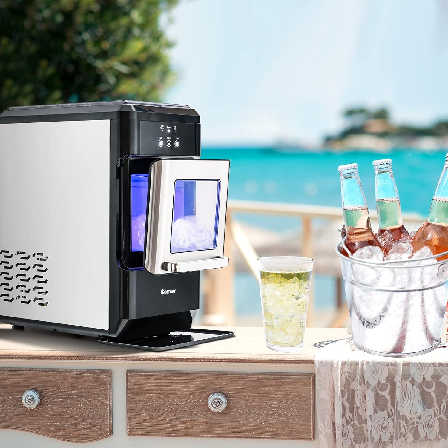 COSTWAY Nugget Ice Machine, 44 LBS Per Day, Built in Self-Cleaning Function, Intelligent Control Panel, Compressor, Include Ice Scoop, Portable and Compact Countertop Ice Maker for Party, Kitchen