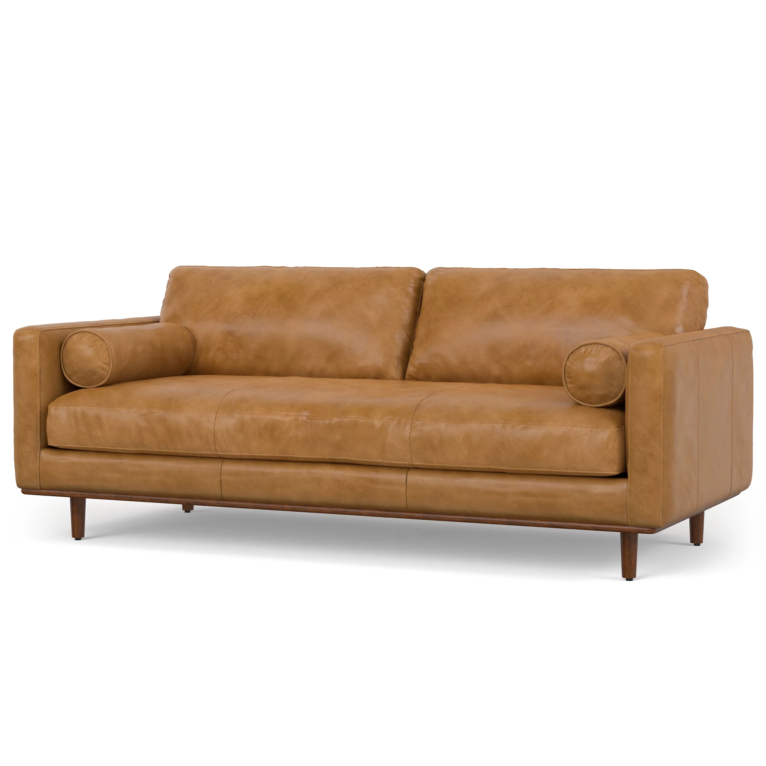 Simpli Home Morrison Mid-Century Modern 89 inch Wide Sofa in Sienna Genuine Leather