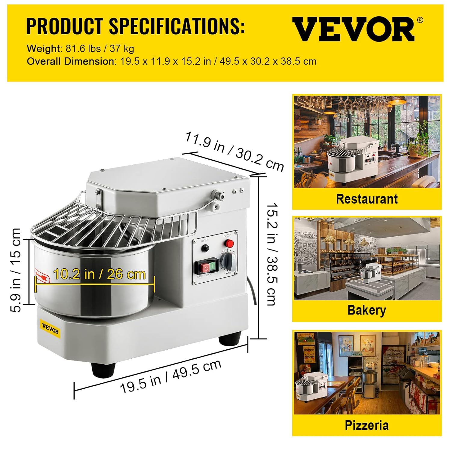 VEVOR Commercial Food Mixer, 7.3Qt Capacity, 450W Dual Rotating Dough Kneading Machine with Food-grade Stainless Steel Bowl, Security Shield & Timer Included, Baking Equipment for Restaurant Pizzeria
