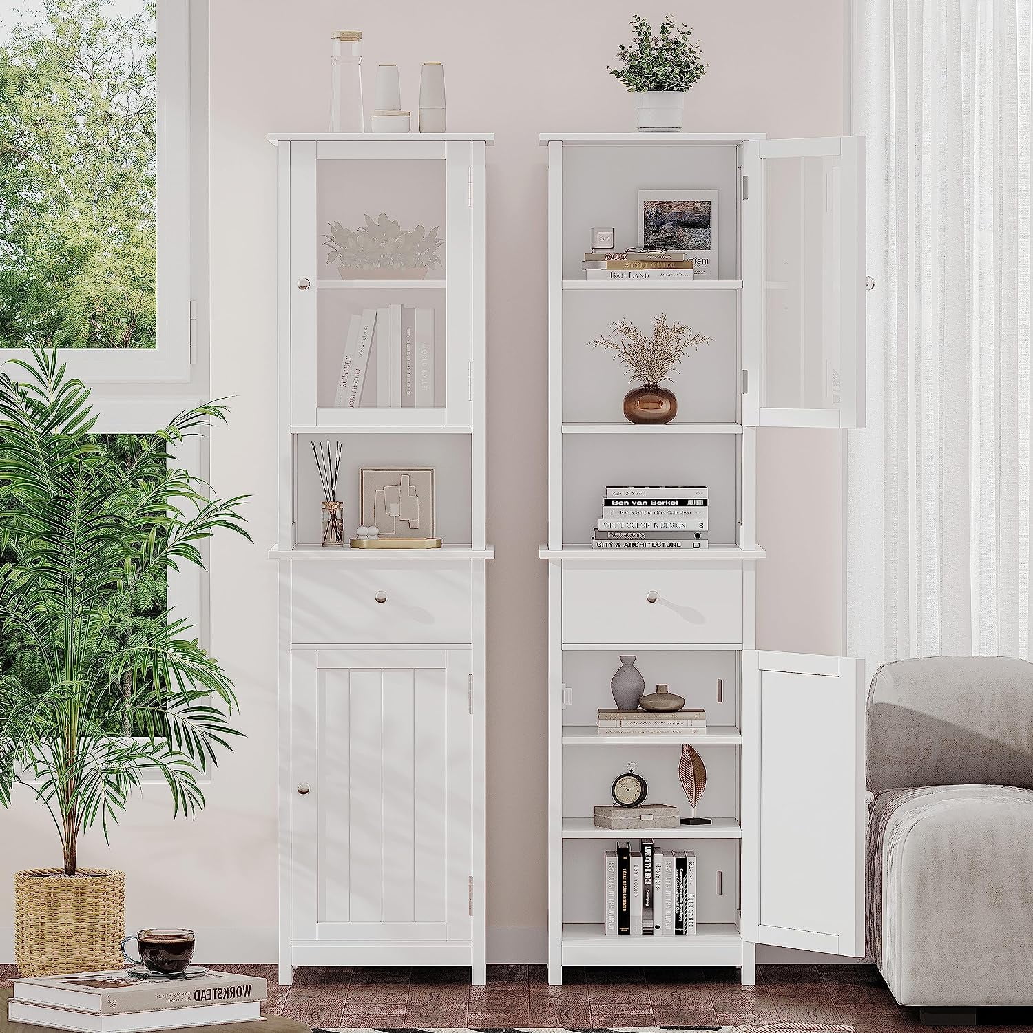 YINCHEN Tall Bathroom Floor Cabinet with Glass Doors, Narrow FreeStanding Storage Cabinet with Adjustable Shelf, Wooden Bathroom Storage Cabinet, Pantry with Drawer, White BMGZ105W