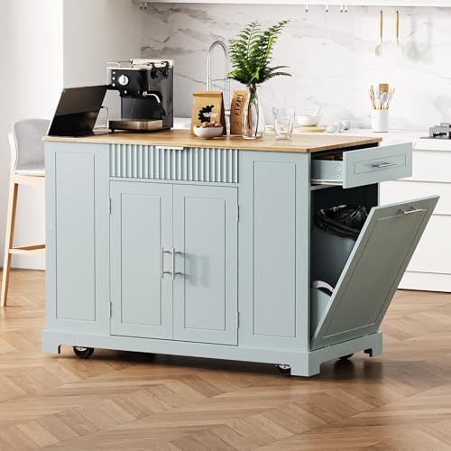 60" Kitchen Island with Drop Leaf and Power Outlet, Rolling Kitchen Cart on Wheels with Trash Can Storage Cabinet, Spice Rack, Towel Rack and Adjustable Shelf for Dining Room