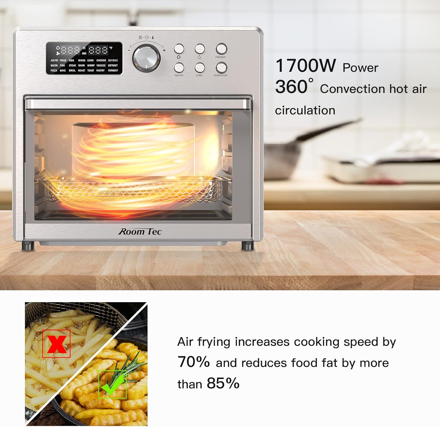 LOVMOR 26 Quart Air Fryer Oven with 9 Accessories,21-in-1 Smart Large Airfryer,Countertop Convection Toaster Ovens for Rotisserie,Baking,Dehydrators,Grills, Stainless steel, 15.7"*13.7"*12.1"