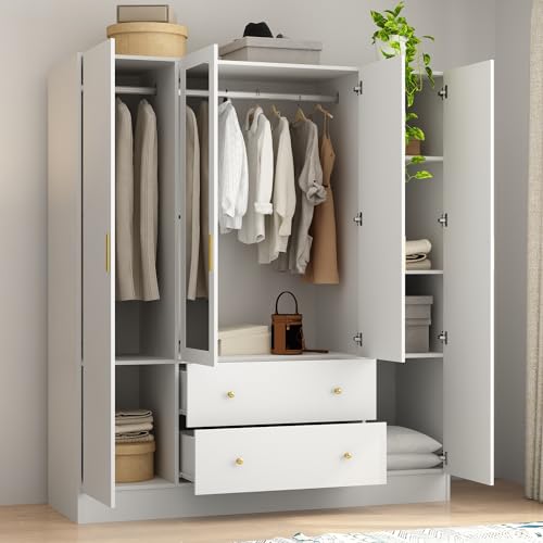 4-Door Armoire Wardrobe Closet with Mirror, 63" L Modern Wooden Bedroom Armoire with 2 Drawers, 2 Hanging Bars & 7 Shelves, Black Brown