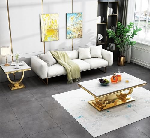 47" White Marble Coffee Table, Modern Rectangular Faux Marble Coffee Table with Silver Mirrored Stainless Steel Pedestal, Elegant Cocktail Center Table Sofa Table for Living Room