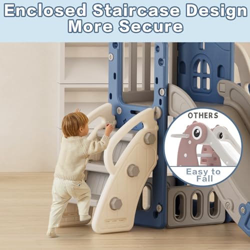 KORIMEFA 6 in 1 Toddler Slide and Swing Set for Toddler Age 1-3 Years, 4-in-1 Toddles Extra-Large Playset Playground Indoor and Outdoor Swing Slide Climber Playset w/Basketball Hoop, Gray