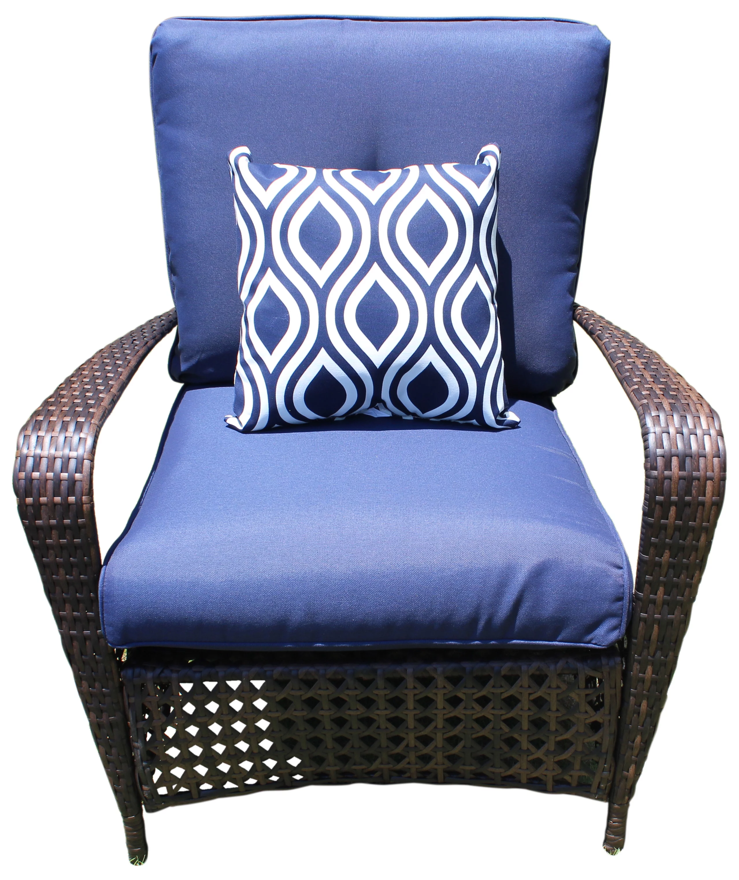 Belle Patio Amber 4 Piece Wicker Outdoor Patio Furniture Conversation Set with 4 Seats, Tempered Glass Table Top, Navy Cushions