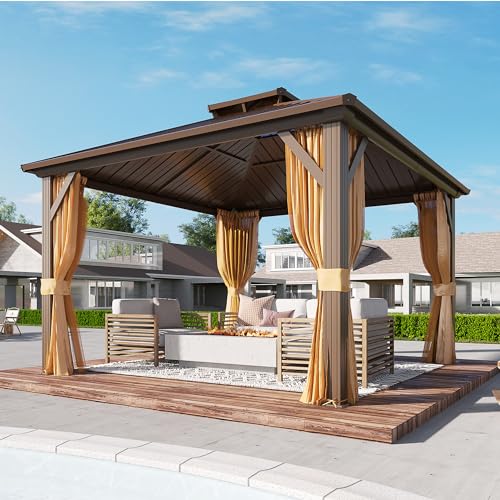 YOLENY 10' x 12' Hardtop Gazebo, Wood-Looking Gazebo with Galvanized Steel Double Roof, Aluminum Frame, Permanent Metal Pavilion with Netting and Curtains for Deck, Backyard, Patio and Lawns