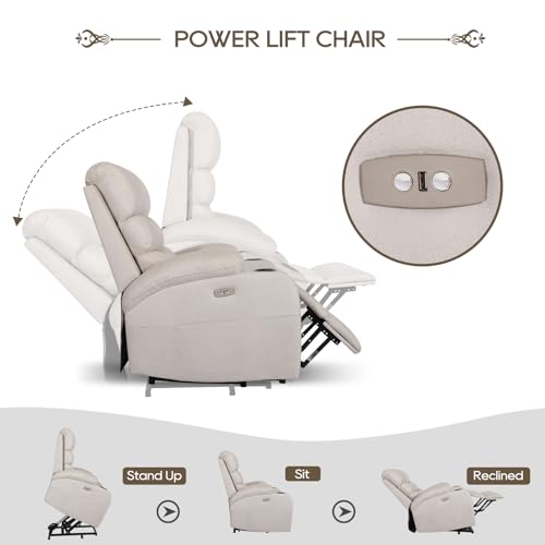 Power Lift Recliner Chair, Electric Lift Chair with Massage and Heat for Elderly, Technical Fabirc Lift Recliner Sofa for Seniors, Side Pockets,Cup Holders, USB Ports, Remote Control(Cream)