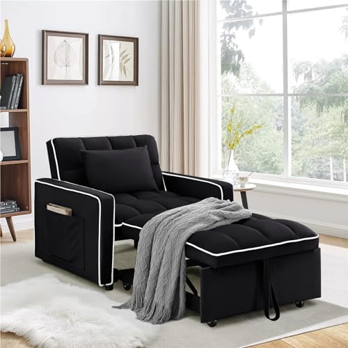 Sleeper Chair, 3 in 1 Convertible Chair Bed,Velvet Tufted Upholstered Single Pullout Sofa Chair Bed with Adjustable Backrest&Side Pockets,Recliner Lounger Bed for Living Room/Office/Small Space(Beige)