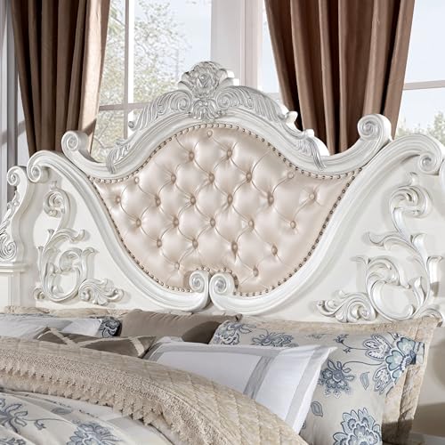 Furniture of America Clairibel Wood 5-Piece Bedroom Set, King-Size Bed with Button-Tufted Headboard, Marble Top Nightstand and Dresser & Dovetail Drawers, Box Spring Required, Pearl White