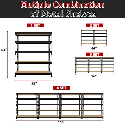 5 Tier Garage Storage Shelves - 32" W x 16" D x 63" H Adjustable Heavy Duty Metal Shelving Unit, Garage Shelving Utility Storage Rack for Basement, Pantry, Kitchen, Black, 2 PCS