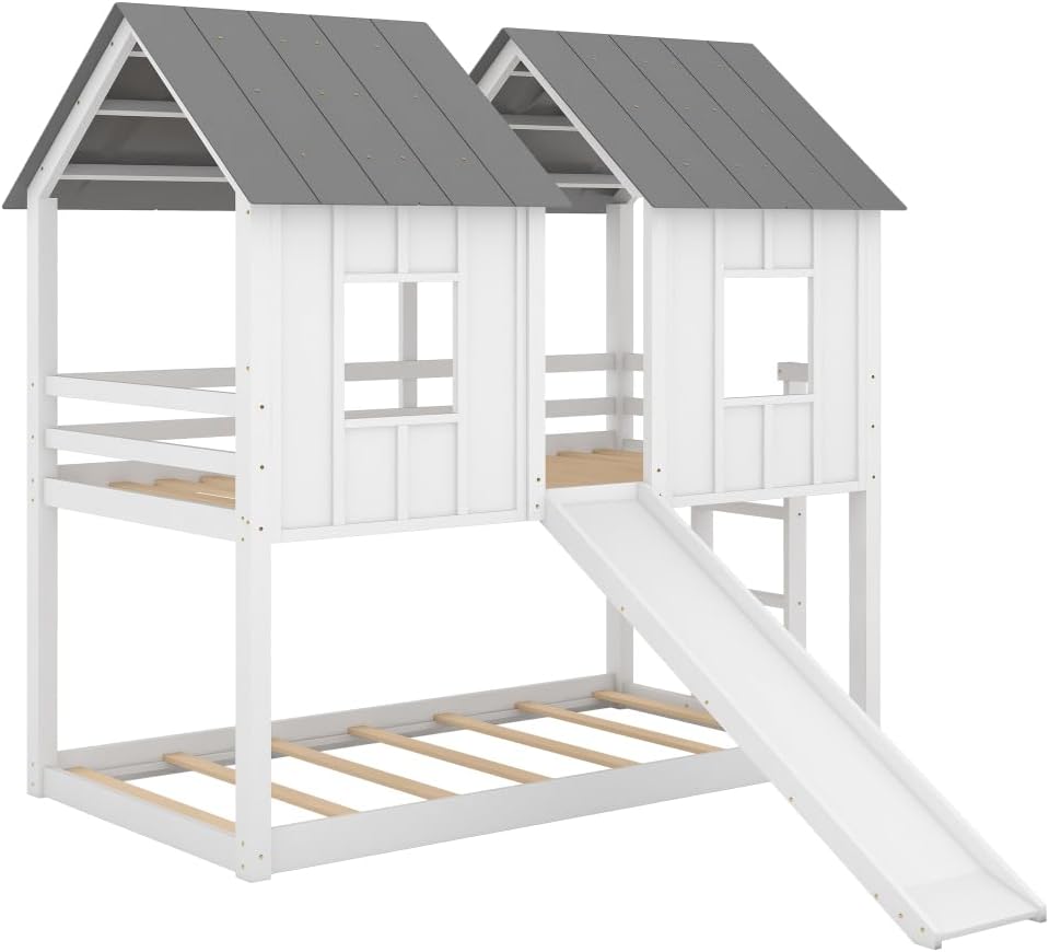 Twin Over Twin House Bunk Bed with Slide and Windows,White 2-Numbers of Package Pine Wood+MDF 14/7pcs 77.4" L*41.9" W*80" H 155Lb GX000920AAK-1