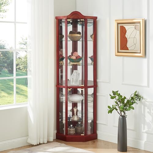 AMNOOL Glass Cabinet Lighted - Antique Style Corner Curio Display Cabinet with Adjustable Shelves - Ideal for Wine, Books, and Collectibles - Push-to-Open Doors with Elegant Illumination (Cherry)