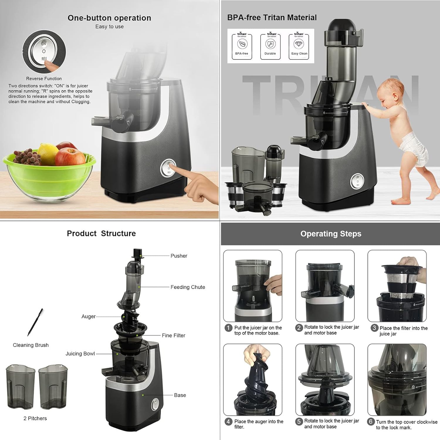 45RPM Electric Auger Juicer Vegetable and Fruit Juice Extractor,Professional Slow Masticating Juicer,High Juice Yield Extract Juice for Fruit & Vegetables