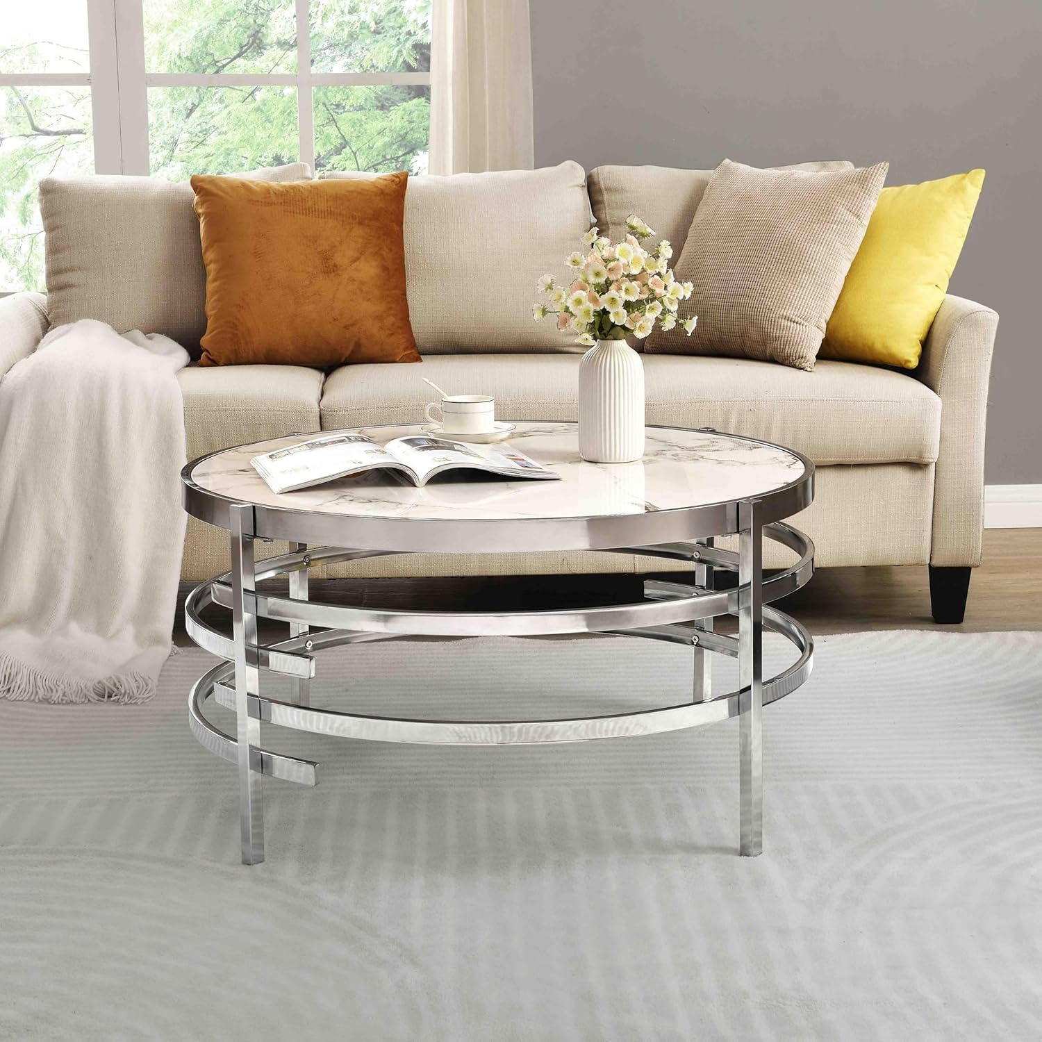 Goujxcy Modern Round Coffee Table, Elegant Coffee Table with Faux Marble Sintered Stone & Irregular Silver Metal Frame, 32.5in Cocktail Tea Table Center Table for Living Room Apartent Small Place