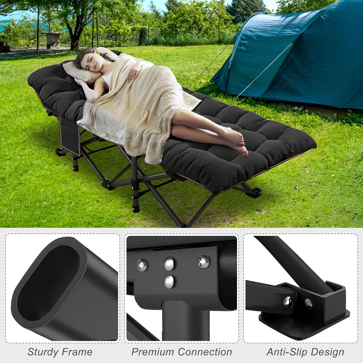 ABORON Oversized XL Folding Sleeping Cots for Adults, 900lb Loading Double-Layer 1200D, Heavy Duty Guest Bed W/Cushion & Carrying Bag