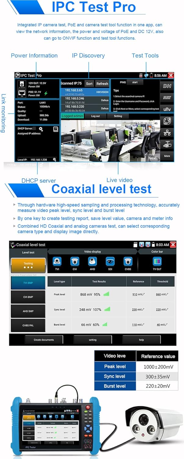 IP Camera Tester IPC 9800MOVTADHS Plus 7'' IPS Touch Screen Camera Tester WiFi 4K H.265 HDMI IPC Tester 8MP CVI TVI AHD SDI CVBS Camera Tester Support CVBS camera test and PTZ control Tester IP Analog
