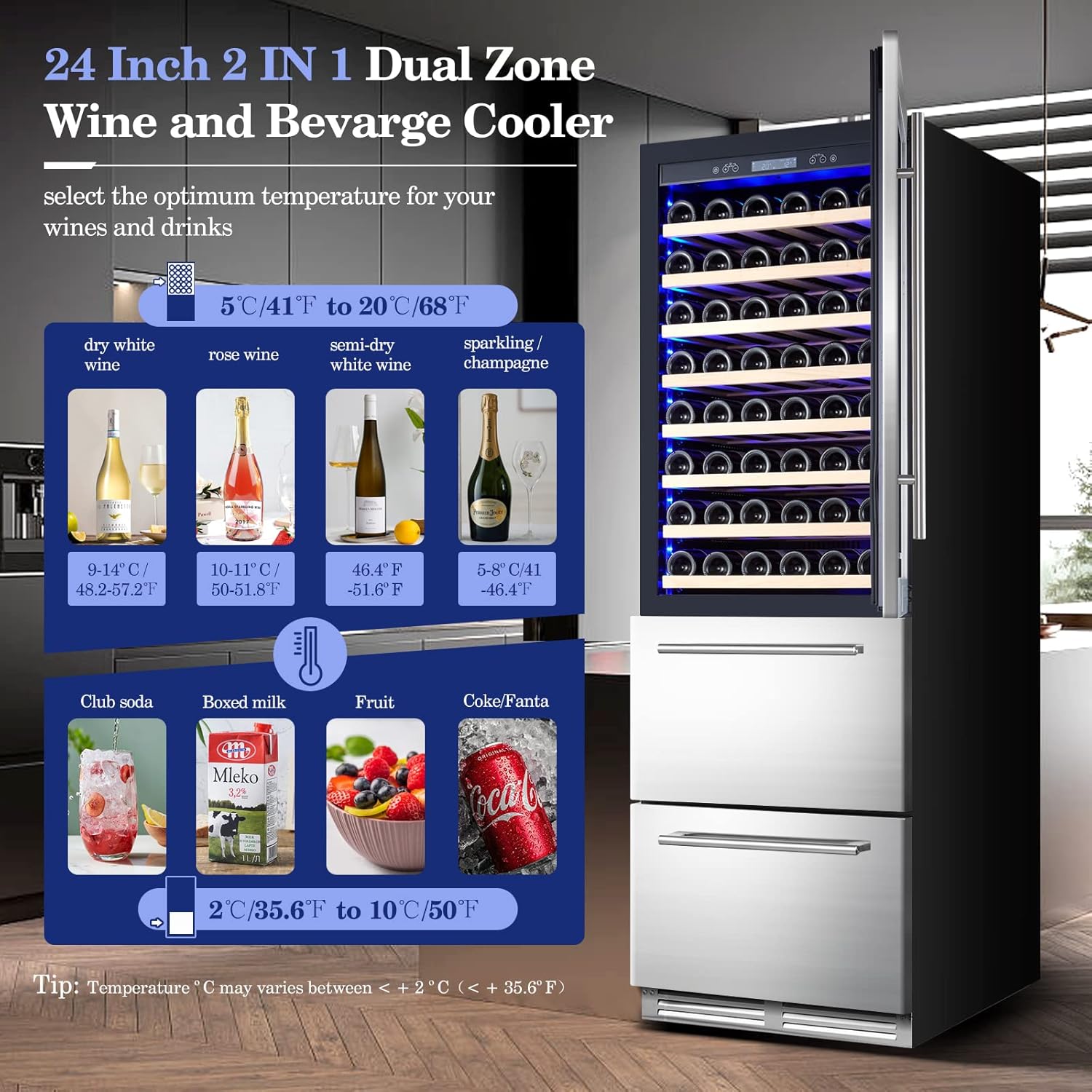 BODEGA Wine and Beverage Refrigerator, 24 Inch 2 IN 1 Dual Zone Wine Cooler,Built-in or Freestanding Beverage Cooler, Soft LED Light Hold 88 Bottles and 149 Cans