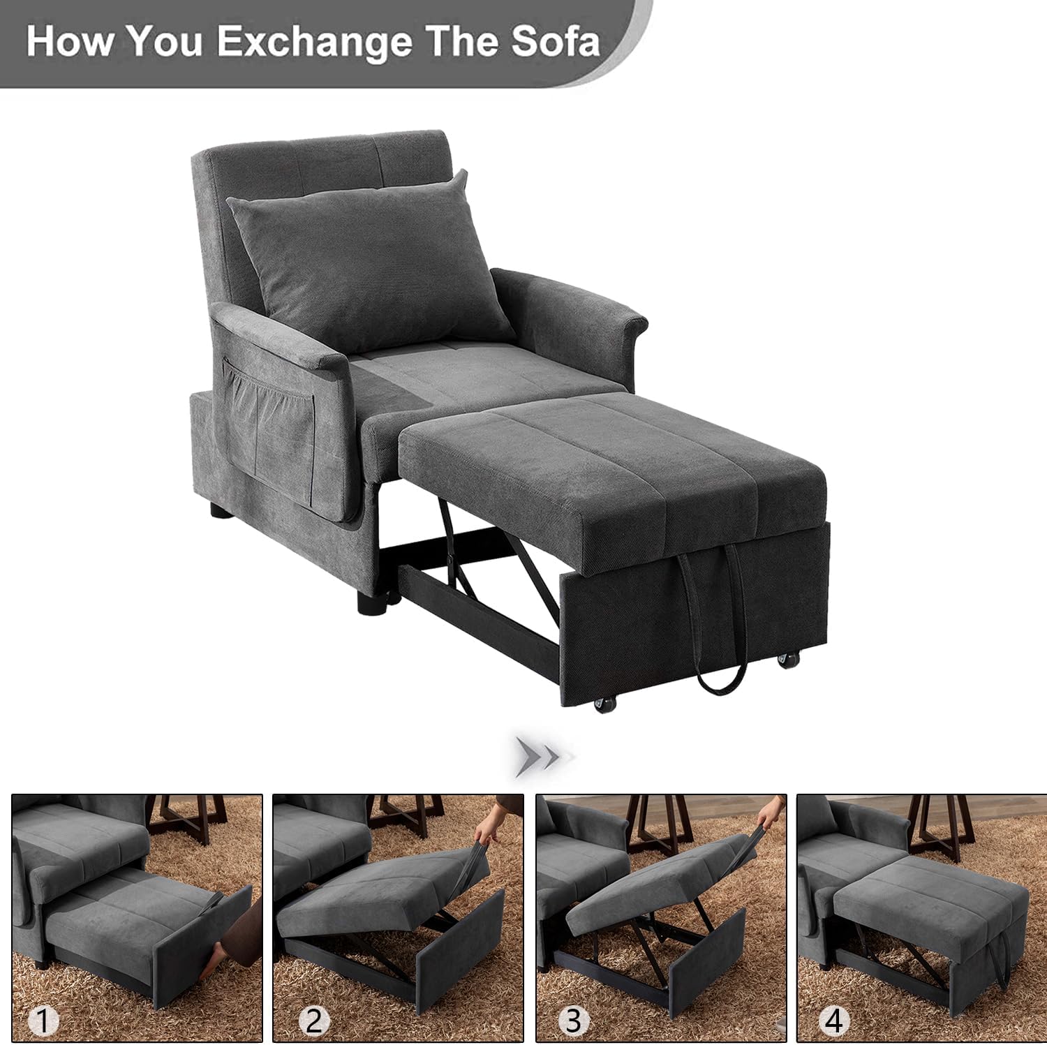 BINGTOO Bed Chair, 3 in 1 Lounge Chair,Multi-Function Folding Sofa Bed, Ottoman Bed Sleeper, Pull Out Sofa Chair, Pull Out Sofa Chair, Convertible Chair to Bed, Pull Out Bed Couch for Small Space