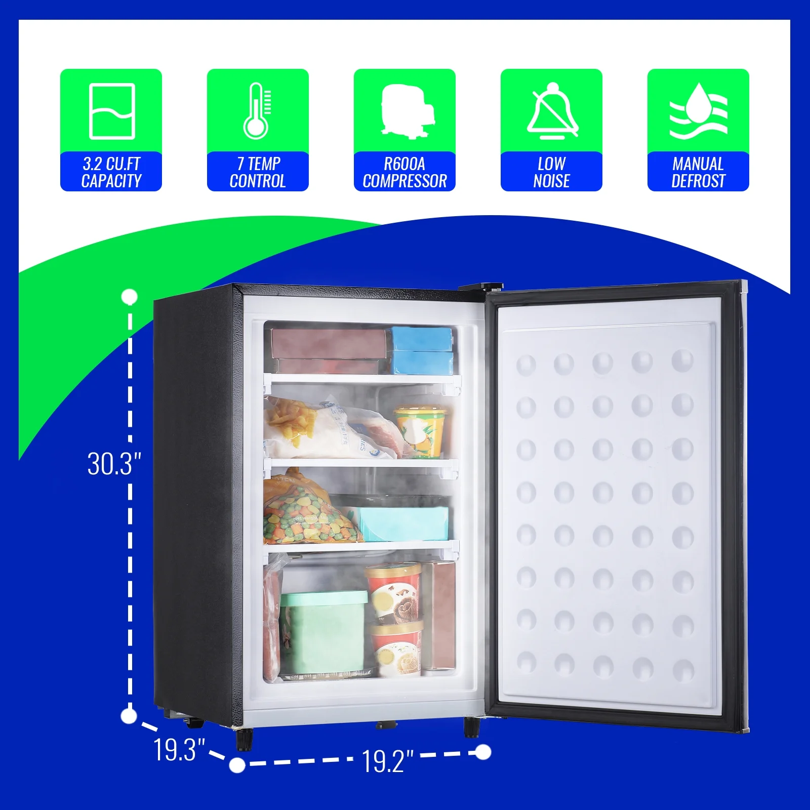 DEMULLER Single Door Compact Freezer with 7 Adjustable Temp Control, Silver 3.2 Cu.Ft Upright Freezer