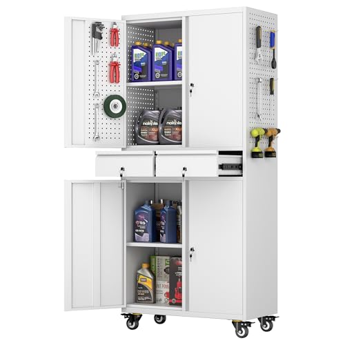 73" H Metal Storage Cabinet with Wheels, Garage Storage Cabinet with 4 Adjustable Shelves and Lockable Doors for Garage Home Office Utility Room,Required Assembly,Black