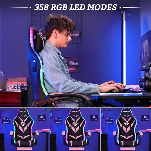 HOFFREE Gaming Chair Massage with Bluetooth Speakers and Led Lights Ergonomic Computer Gaming Chair with Footrest RGB Video Game Chair with High Back Lumbar Support Blue and Black