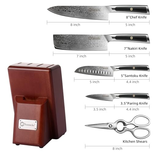 Sunnecko Knife Set with Block, Damascus Chef Knife Set Professional Kitchen Knife Block Set 6-piece Japanese VG10 Stainless Steel Dishwasher Safe