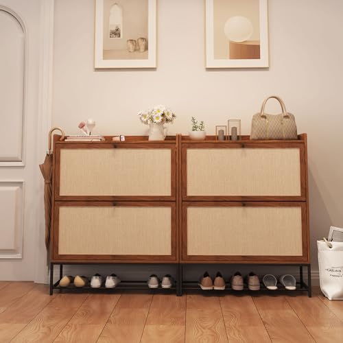 AVZEAR Shoe Cabinet, Shoe Cabinet Freestanding Tipping Bucket Shoe Rack Organizer with 3 Flip Drawers, Modern Entryway Narrow Shoe Rack for Entryway, Hallway, Bedroom (Natural)