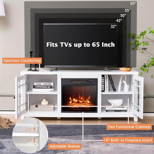 GOFLAME 58" Fireplace TV Stand for TVs up to 65 Inches, Wooden TV Console with 18” Electric Fireplace Insert, Fireplace TV Cabinet, Entertainment Center with Remote Control, Adjustable Shelves, White